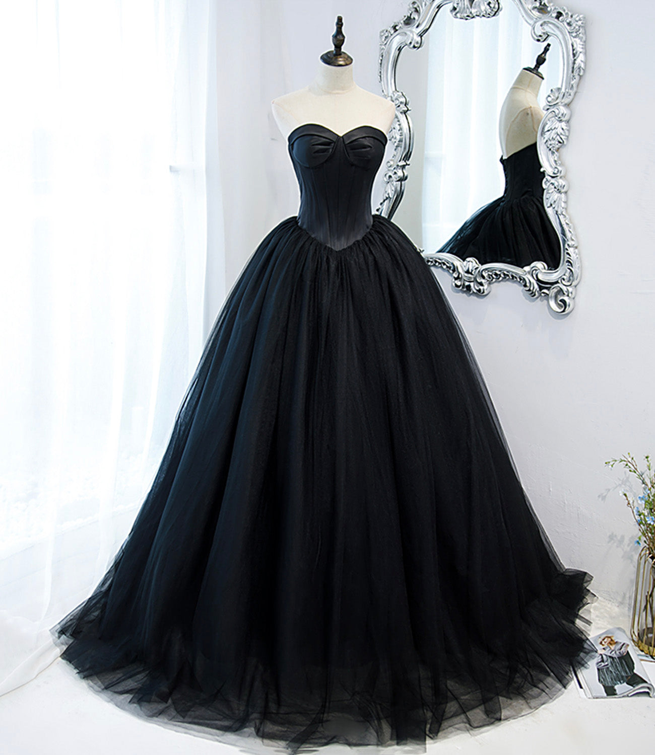 Black stylish and elegant long tulle floor-length ball gown evening dress 10152