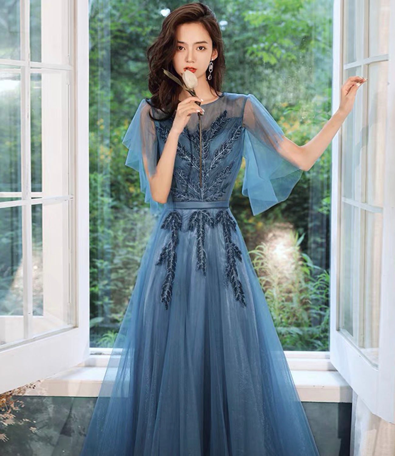 Blue tulle lace long prom dress blue evening gown  10286