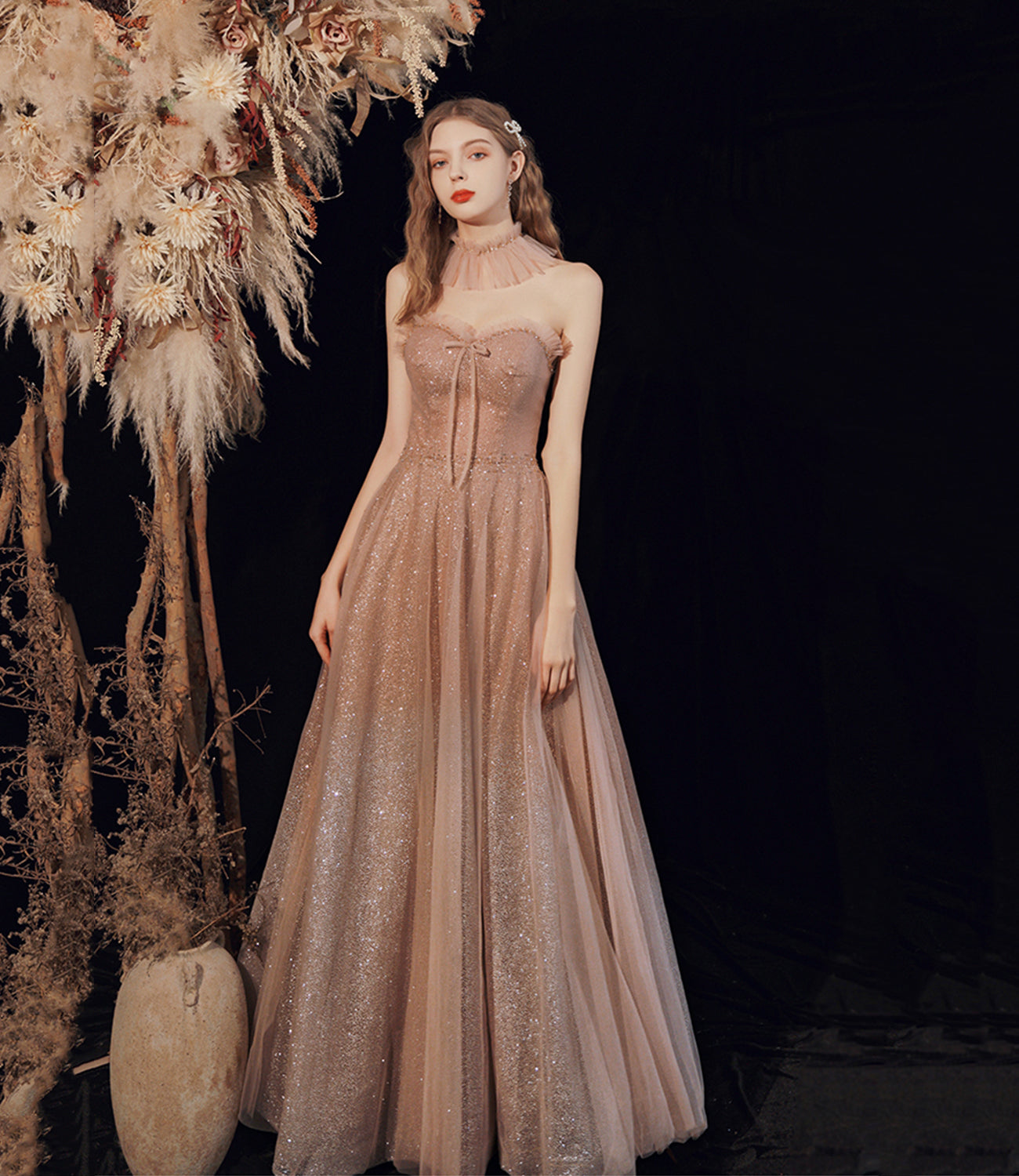 Shiny tulle sequins long prom dress A line evening dress  10378