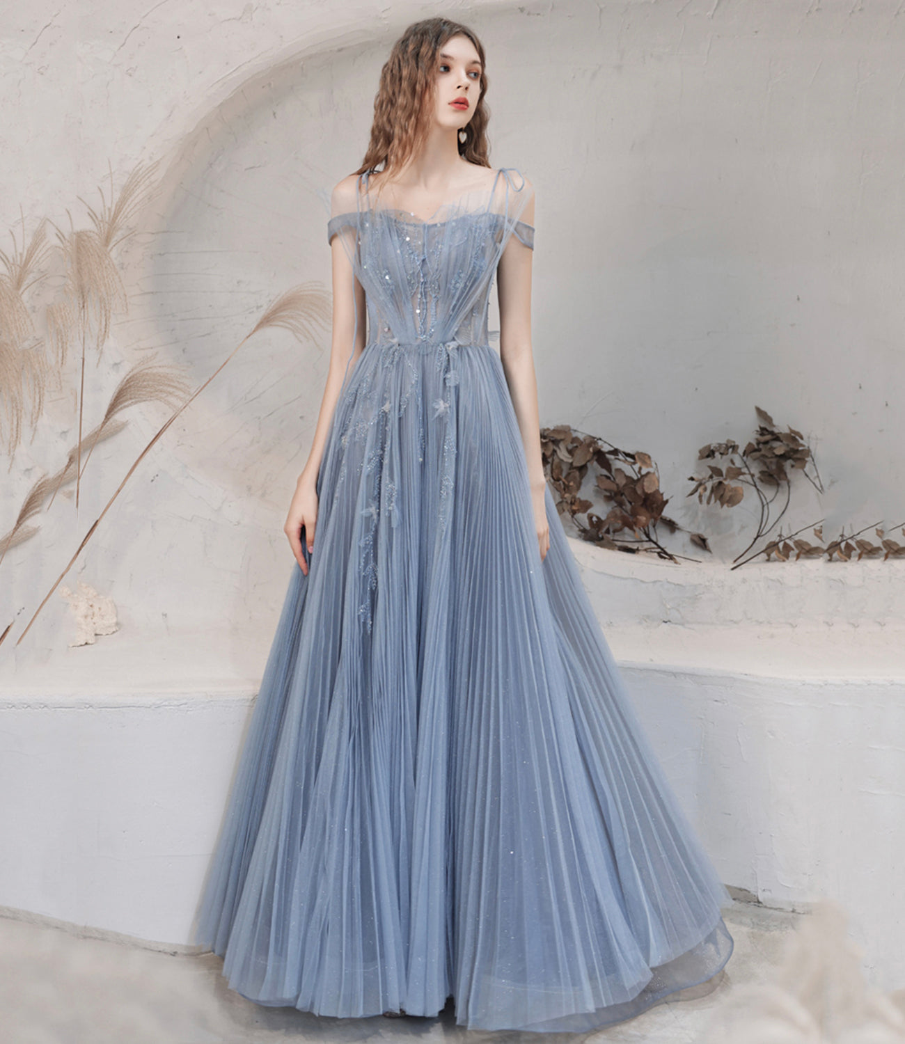 Blue tulle sequins long prom dress blue evening dress  10478
