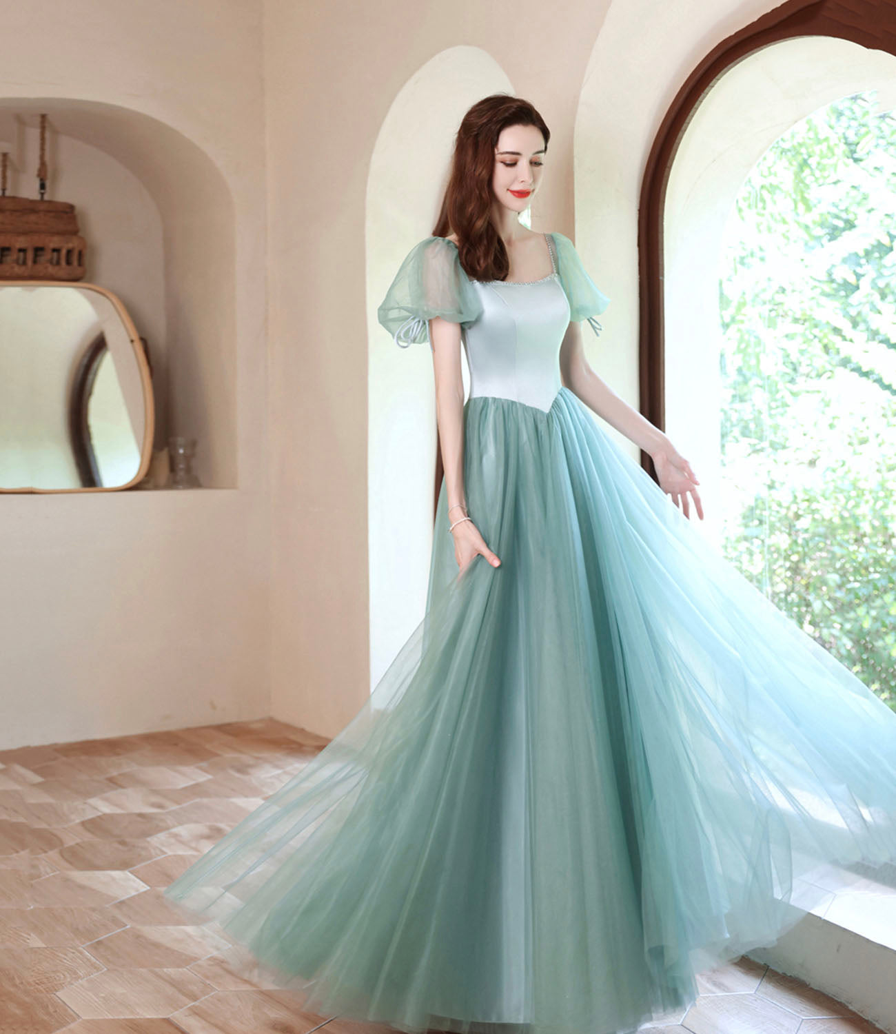 Green satin tulle long prom dress green evening dress  10618