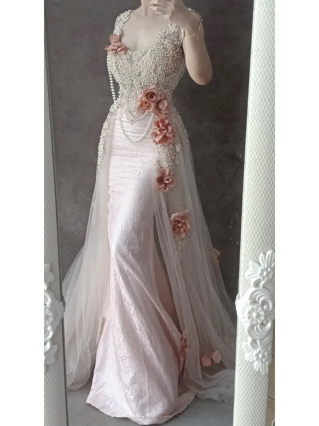 Pink Beaded Gorgeous Long Lace Tulle Mermaid Slim Ball Gown Evening Dress Party Dress gh4706