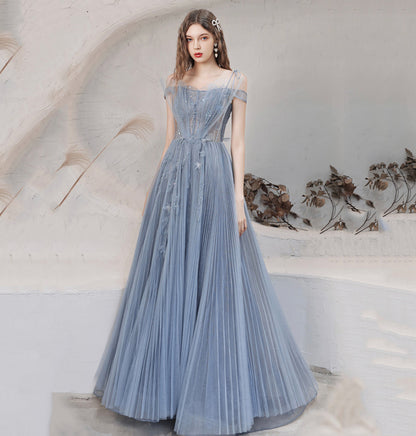 Blue tulle long prom dress blue evening dress  8628