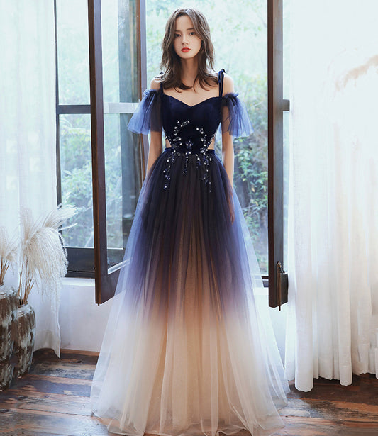 Blue velvet tulle long prom dress A line evening dress  10365