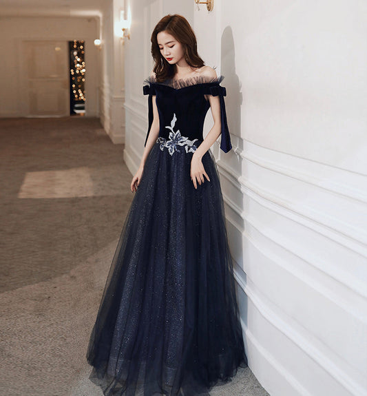Blue velvet tulle long prom dress evening dress  8457