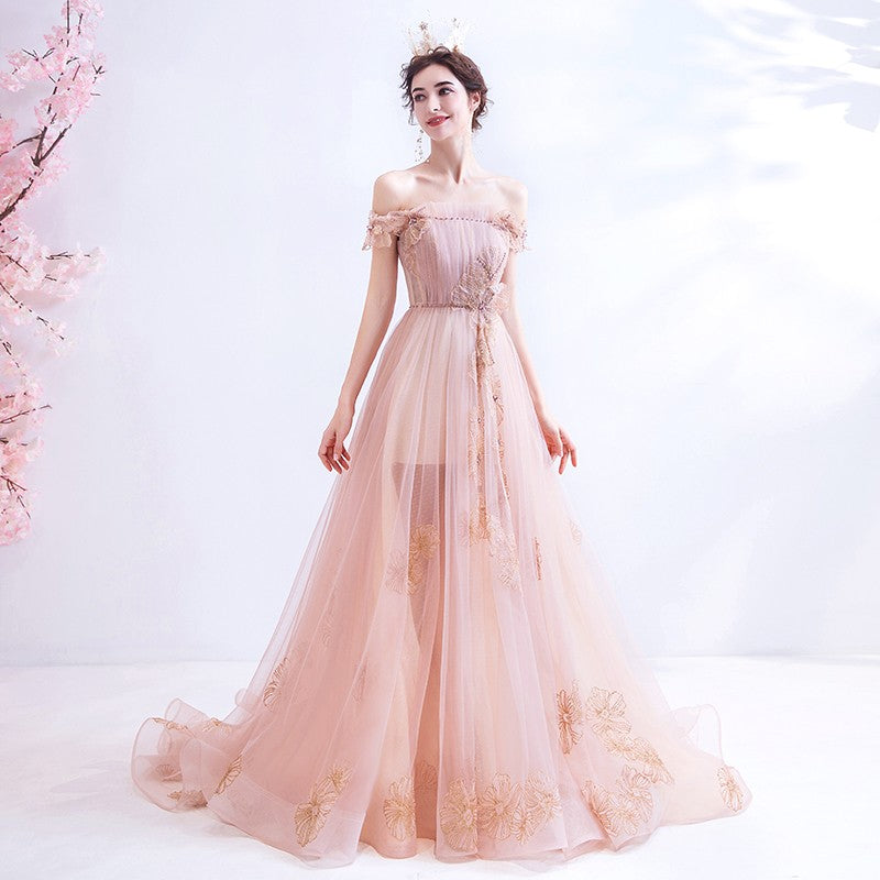 Pink tulle long A line prom dress pink evening dress  10129