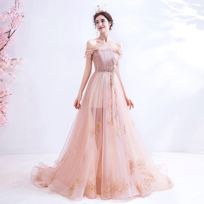 Pink tulle long A line prom dress pink evening dress  10129
