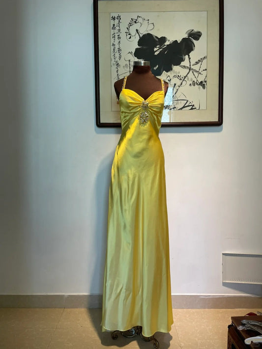 Yellow rhinestone elegant fashion long satin backless prom dress evening dress birthday party dress gh4947