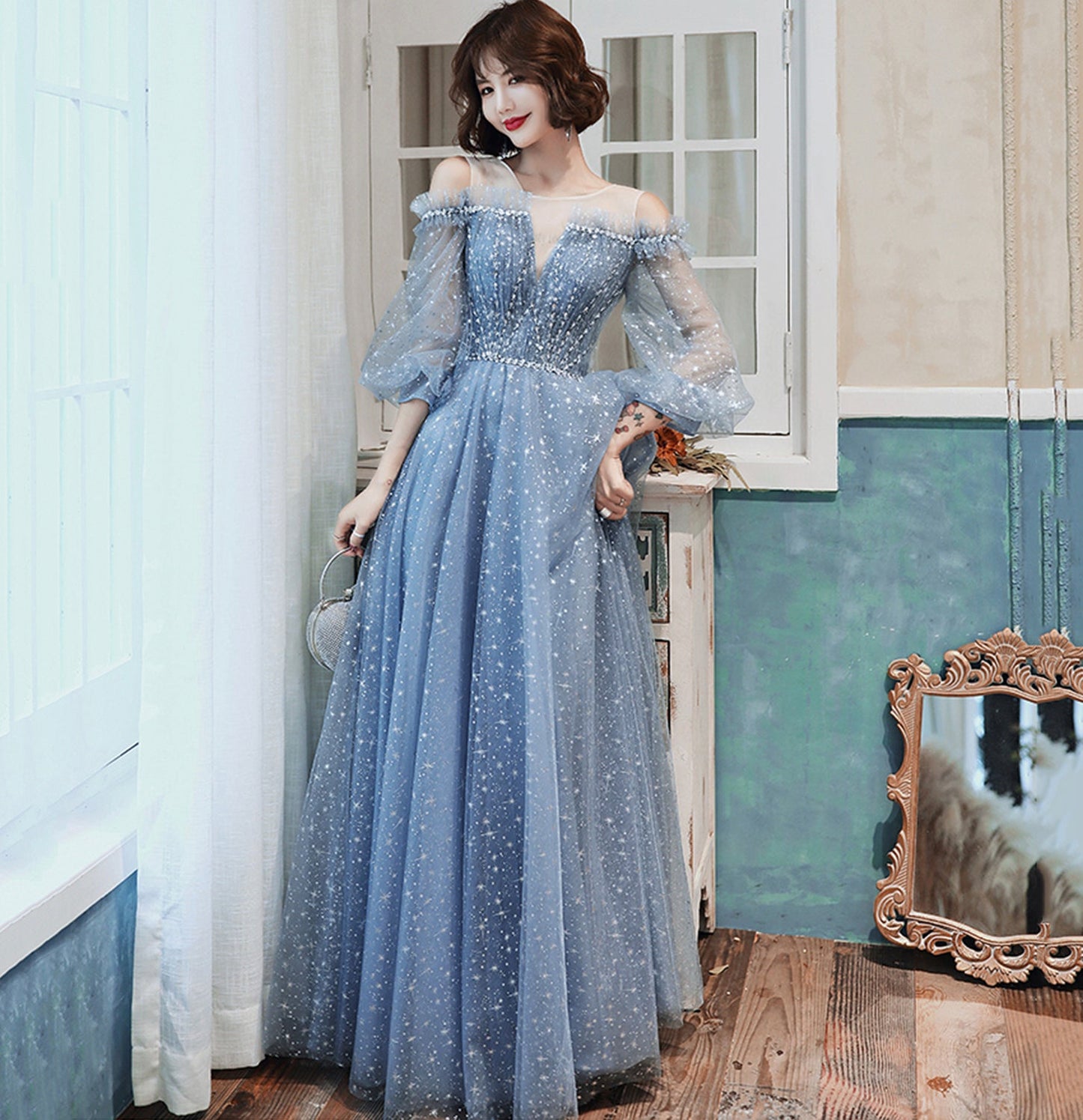 Blue tulle long prom dress A line evening gown  8955