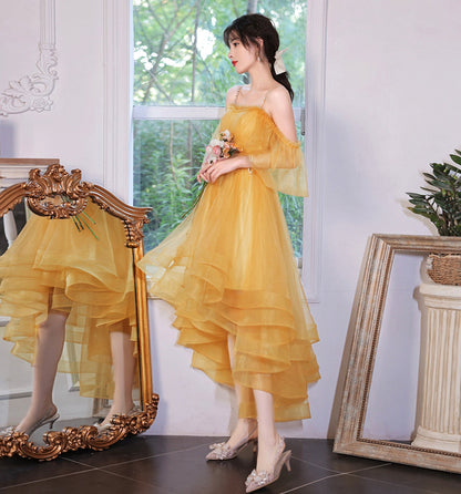 Yellow tulle short prom dress cockatil dress  8961