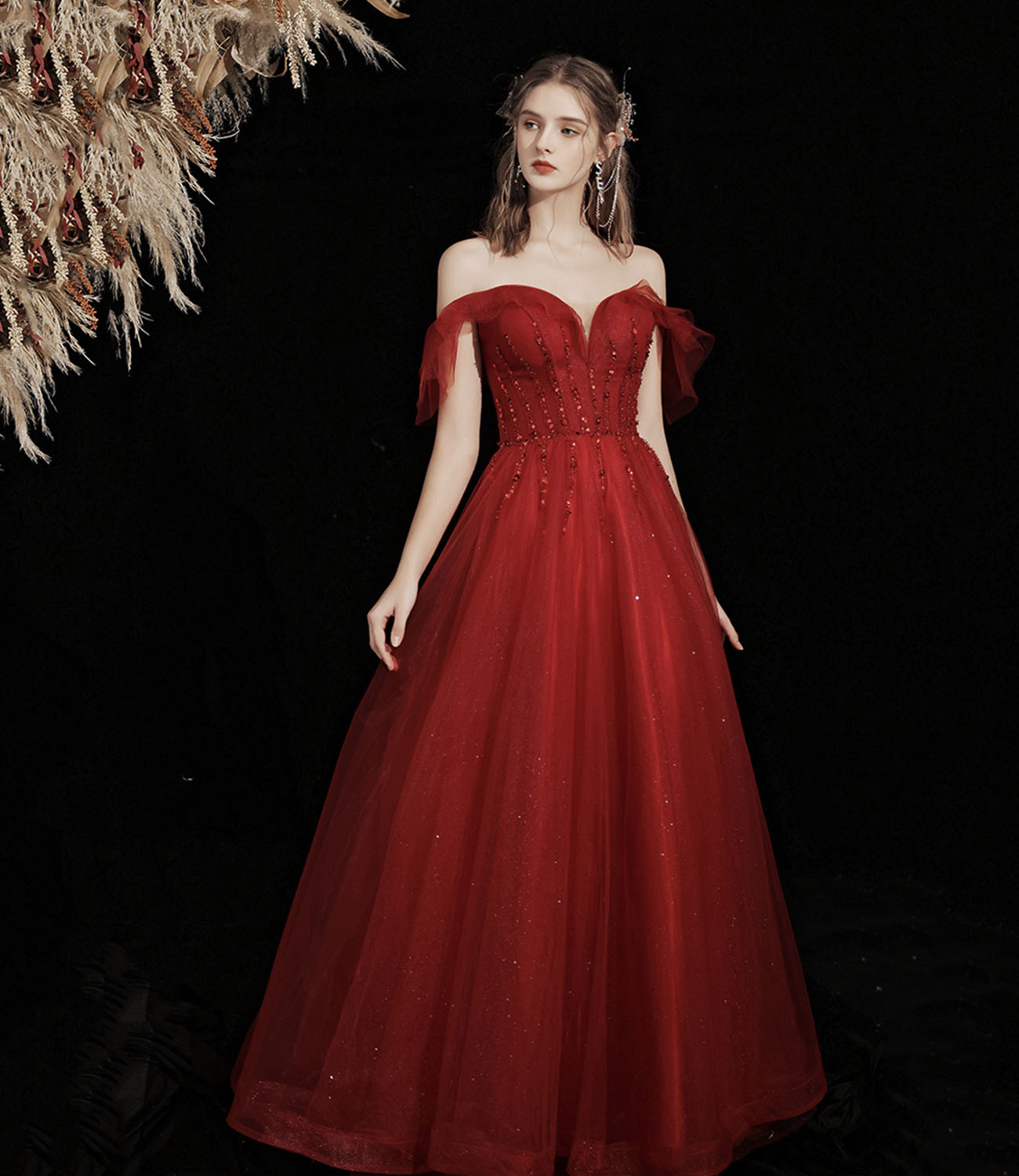 Burgundy tulle beads long prom dress A line evening gown  10428