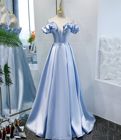 Blue satin long A line prom dress blue evening dress  8746