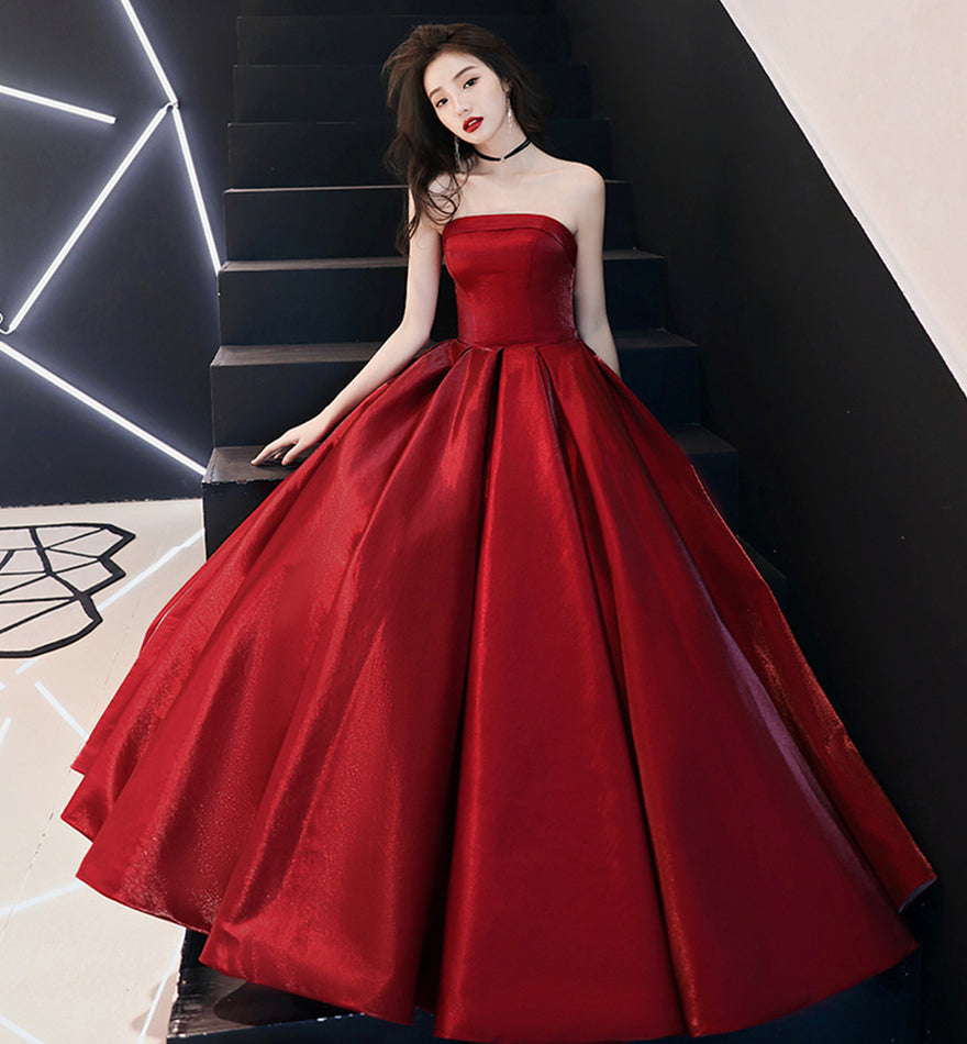 Simple satin long prom dress burgundy evening dress  8523