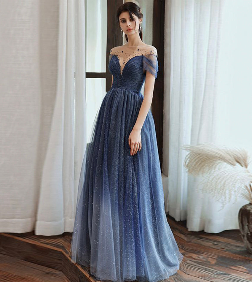 Blue tulle beads long prom dress evening dress  8434