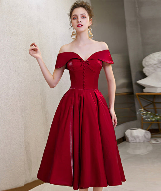 Cute satin short prom dress burgundy party dress  8393
