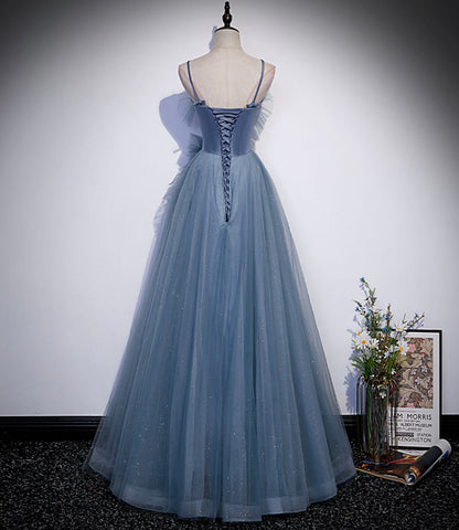 Blue satin tulle long prom dress A line evening dress  10268