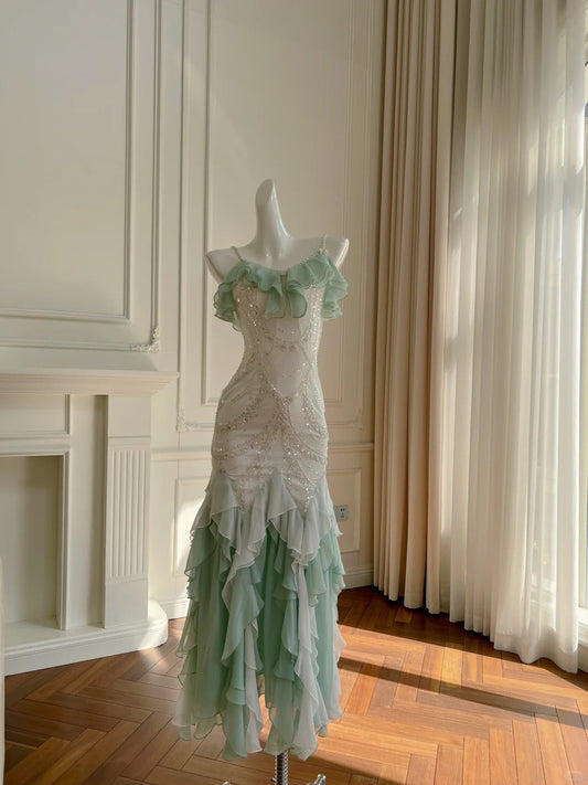 Mint Green Beaded Flowing Long Chiffon Ball Gown Birthday Party Dress Evening Dress gh4407