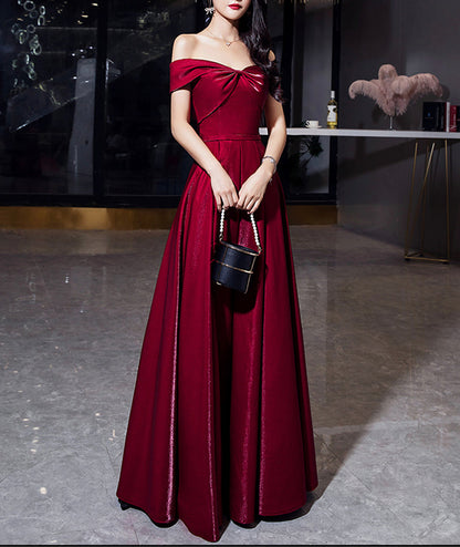 Shiny satin long prom dress burgundy evening dress  8489