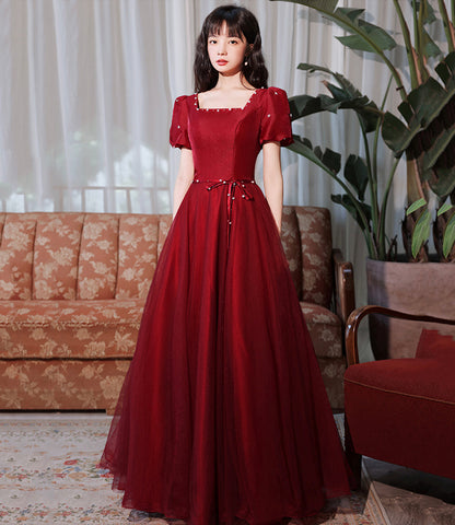 Burgundy satin tulle long prom dress A line evenig dress  10383
