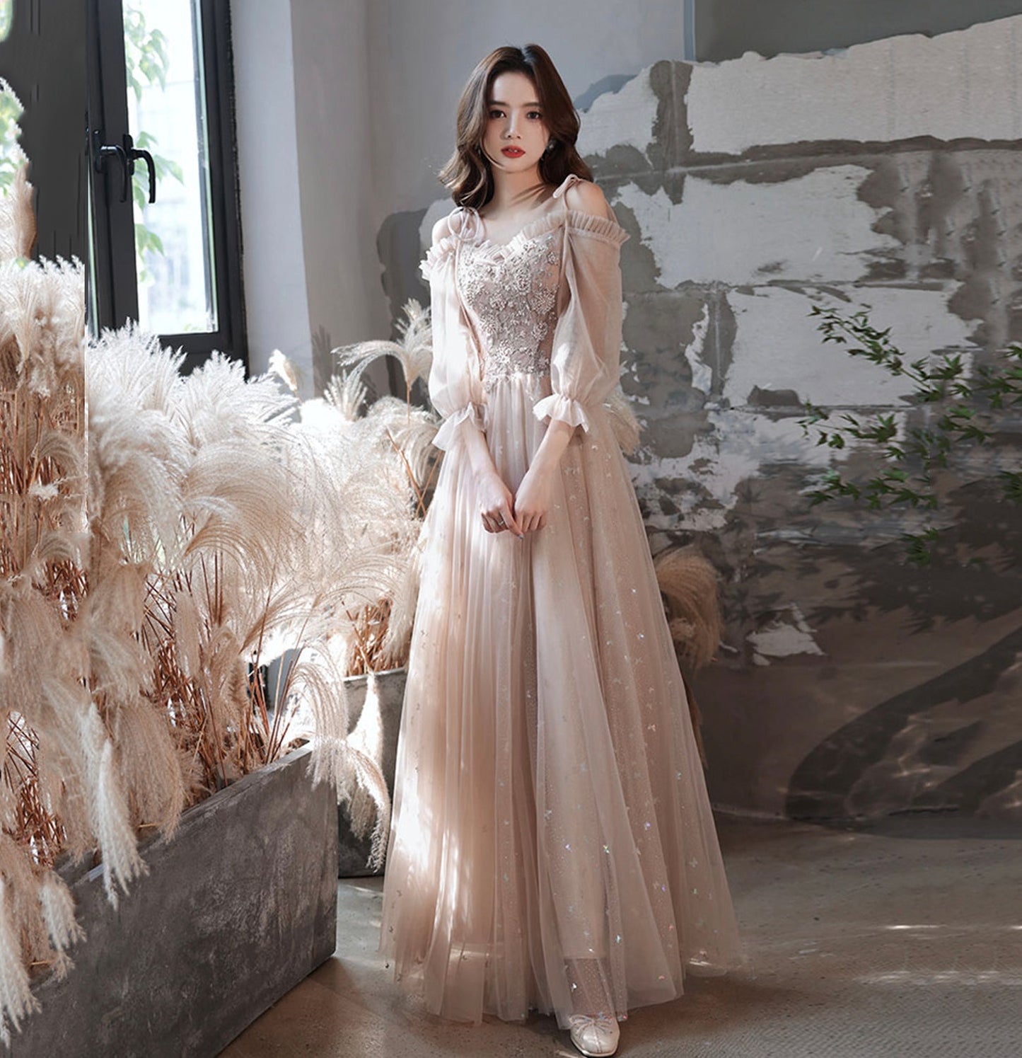 Cute tulle lace long A line prom dress evening gown  10041