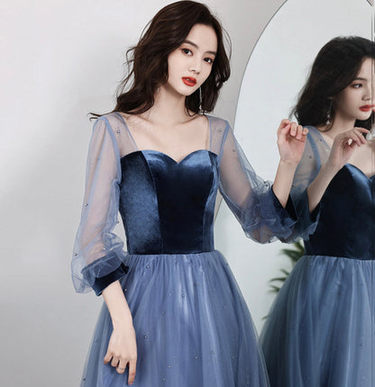 Blue vlevet tulle long prom dress A line evening gown  10077