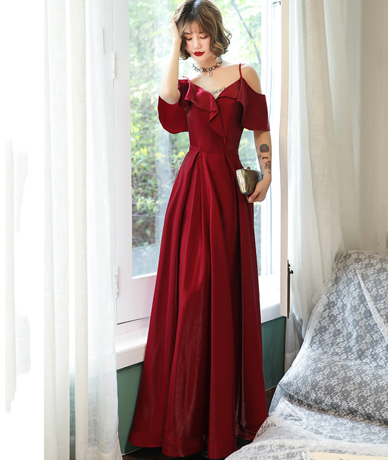 Burgundy satin prom dress simple evening dress  8379