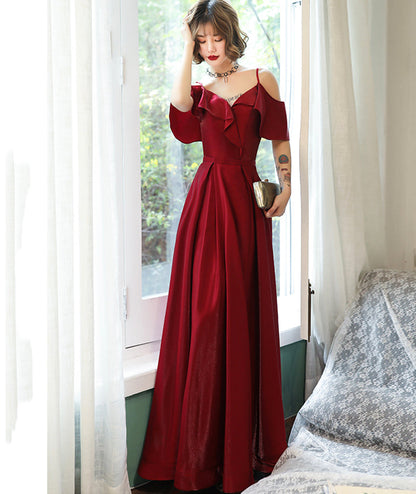 Burgundy satin prom dress simple evening dress  8379