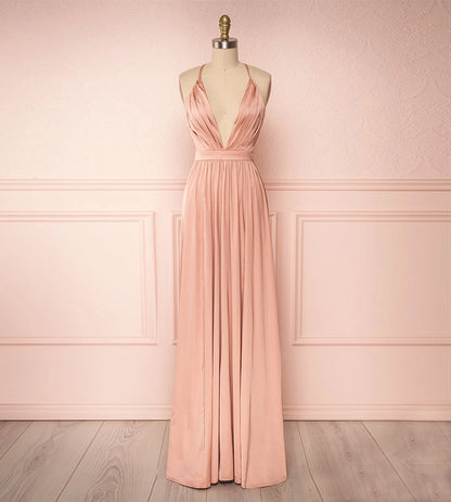 Pink v neck satin long prom dress  8176