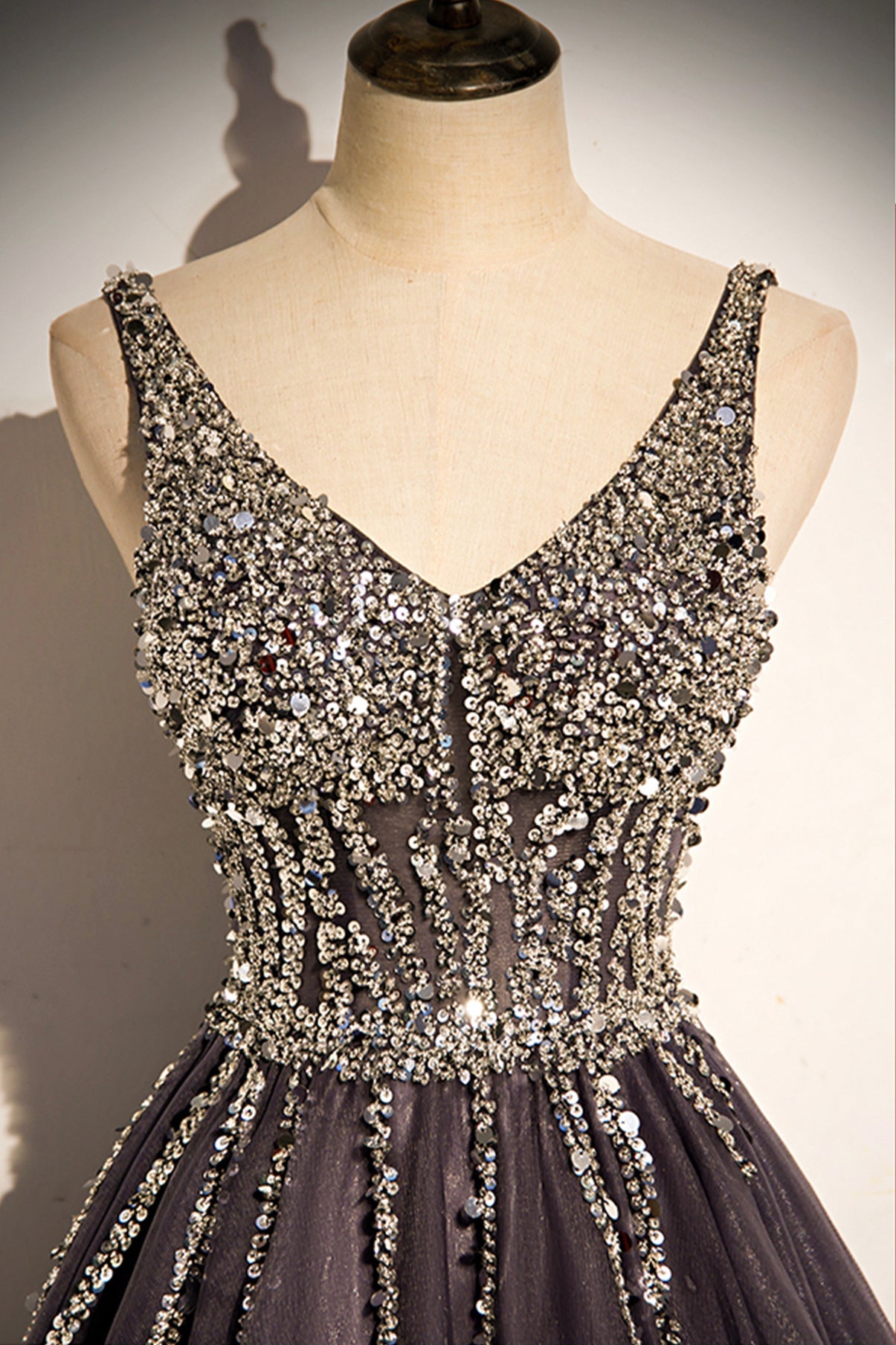 Stylish v neck tulle long prom dress A line evening dress  8640