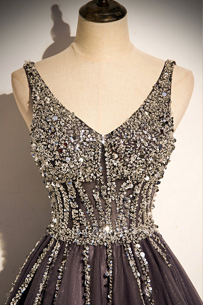 Stylish v neck tulle long prom dress A line evening dress  8640