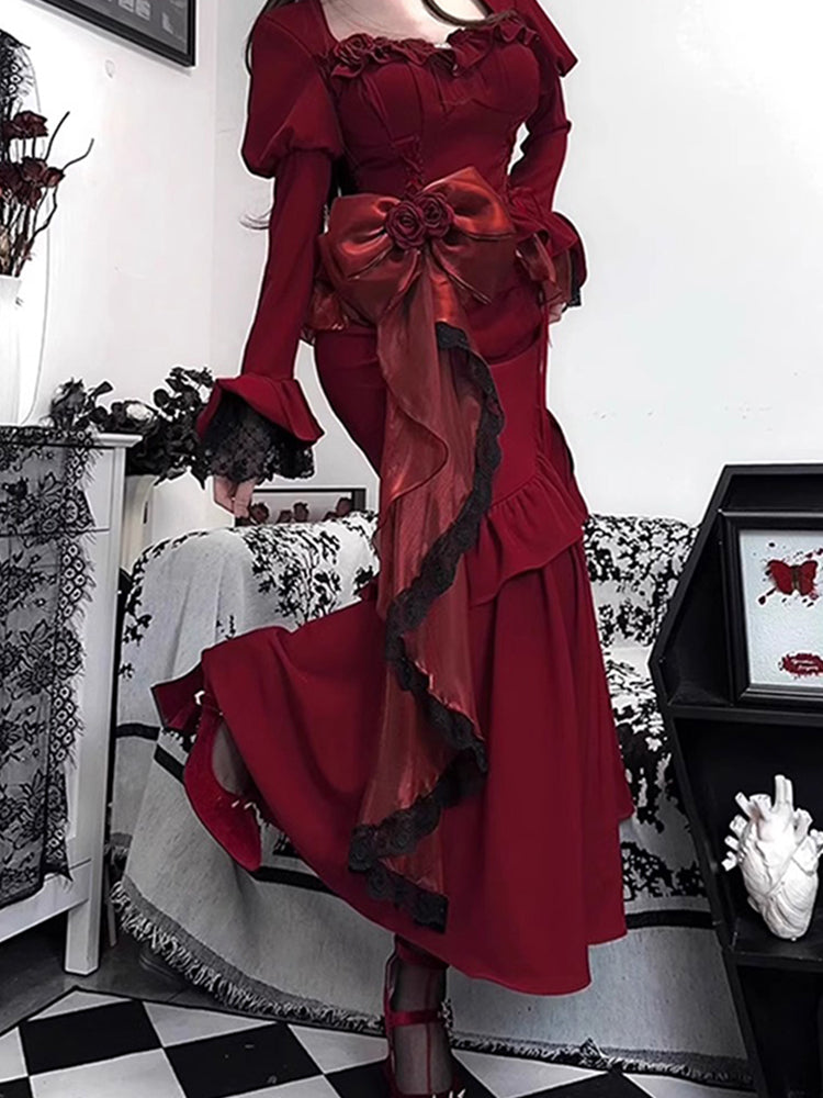 Vintage Mermaid Sweetheart Long Sleeves Burgundy Black Lace Summer 18th Birthday Dress Lolita Dress Birthday Outfits W1133