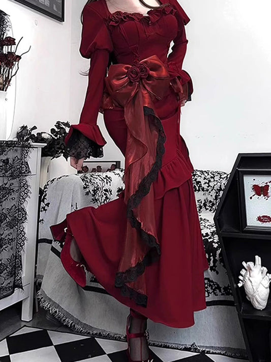 Vintage Mermaid Sweetheart Long Sleeves Burgundy Black Lace Summer 18th Birthday Dress Lolita Dress Birthday Outfits W1133