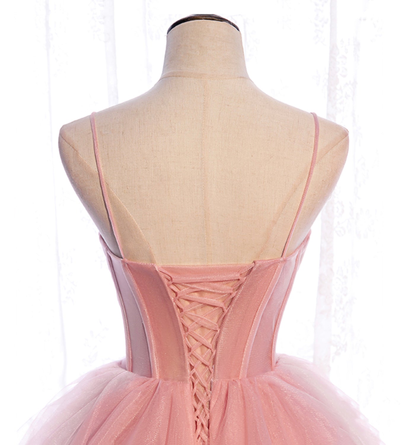 Pink tulle long prom dress A line evening gown  10012