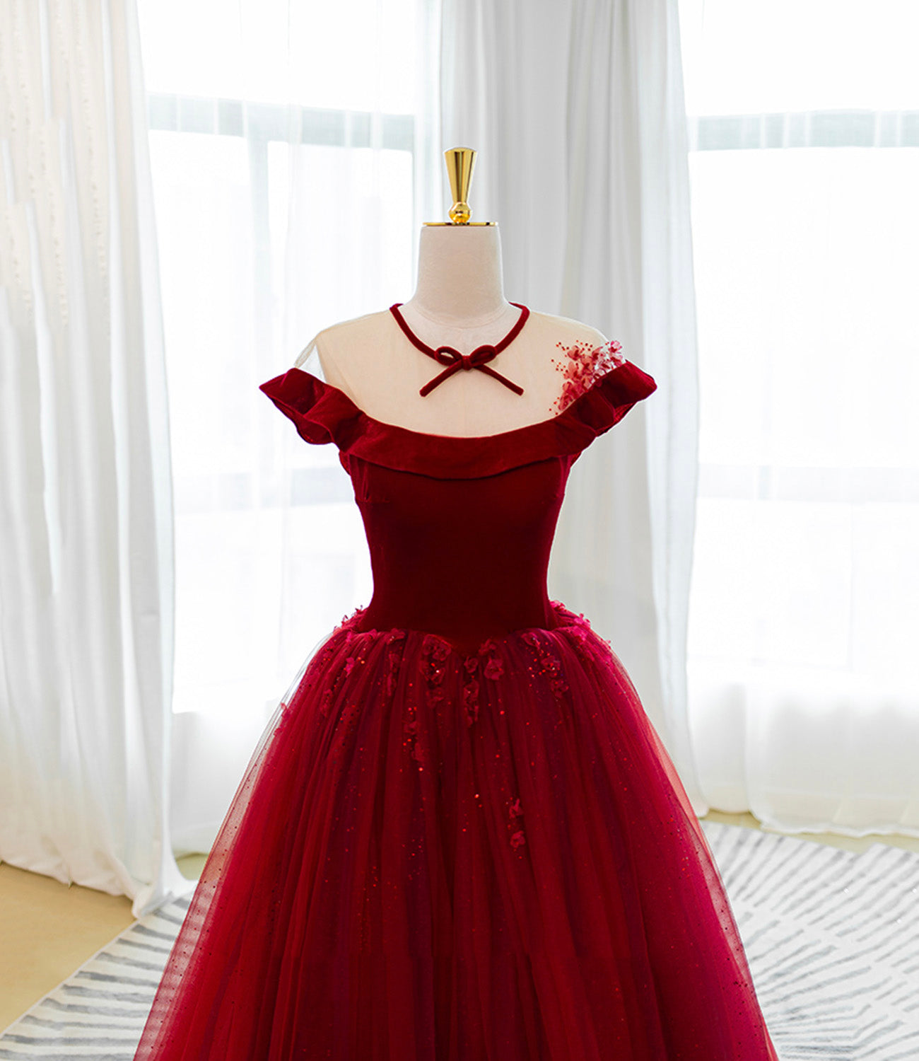 Burgundy velvet tulle long prom dress A line evening gown  10580
