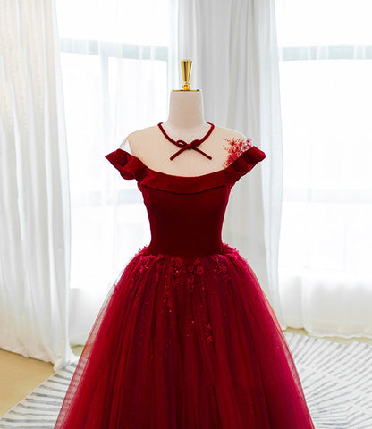 Burgundy velvet tulle long prom dress A line evening gown  10580