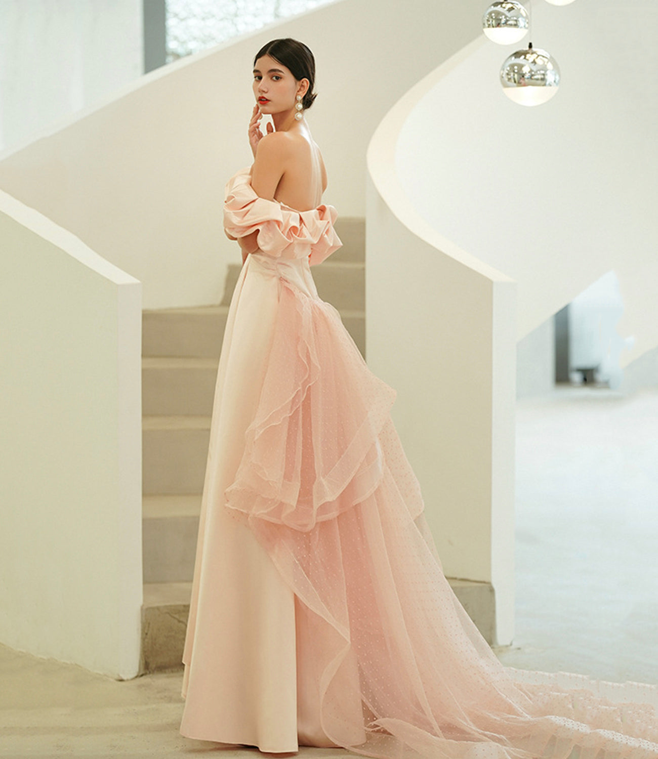 Pink satin tulle long prom dress A line evening dress  10216