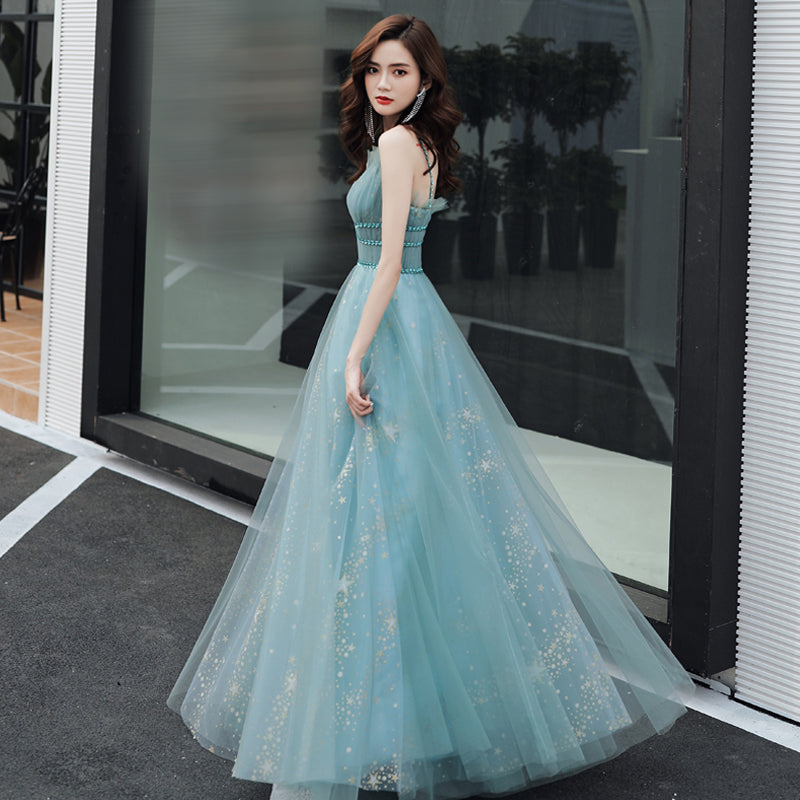 Blue tulle long A line prom dress blue evening dress  8581