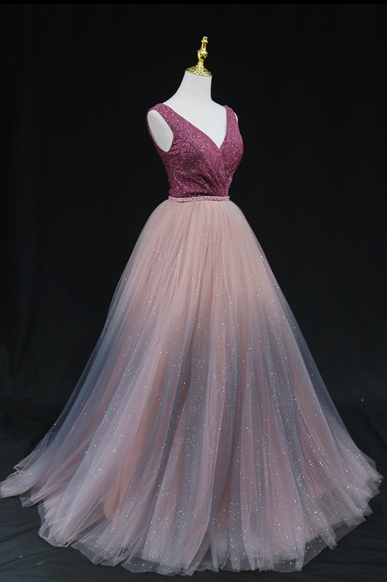 Shiny v neck tulle long prom gown formal dress  8602