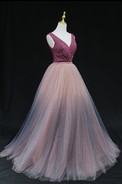 Shiny v neck tulle long prom gown formal dress  8602