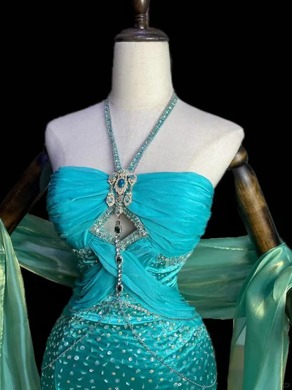 Blue gorgeous exquisite beaded long satin ball gown evening dress party dress gh4498