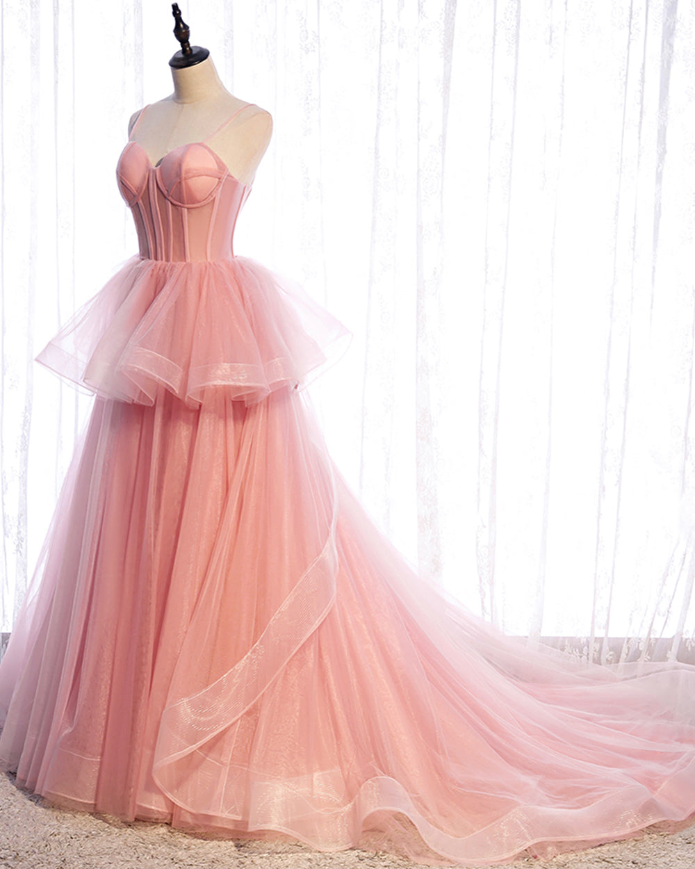 Pink tulle long prom dress pink evening dress  8518
