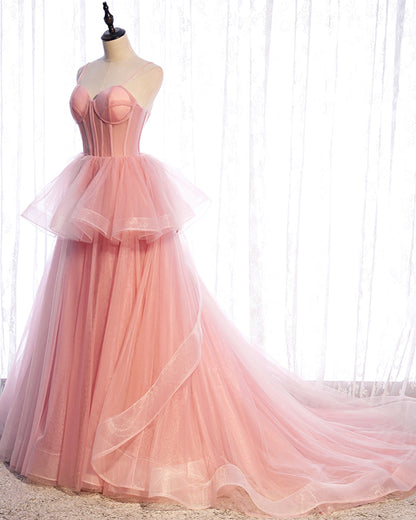 Pink tulle long prom dress pink evening dress  8518