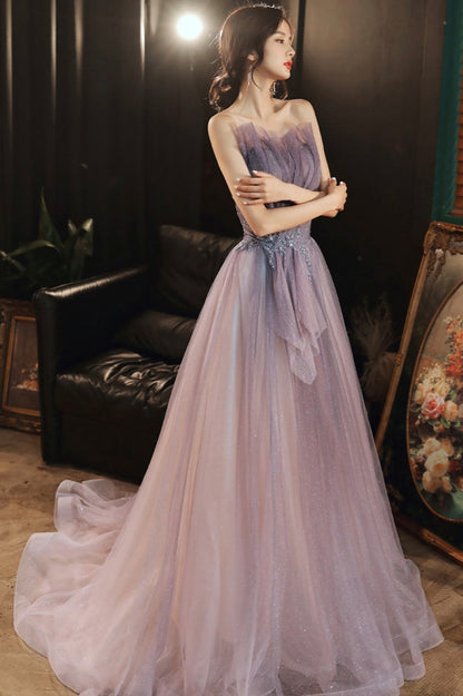 Purple tulle sequins long prom dress evening dress  10624