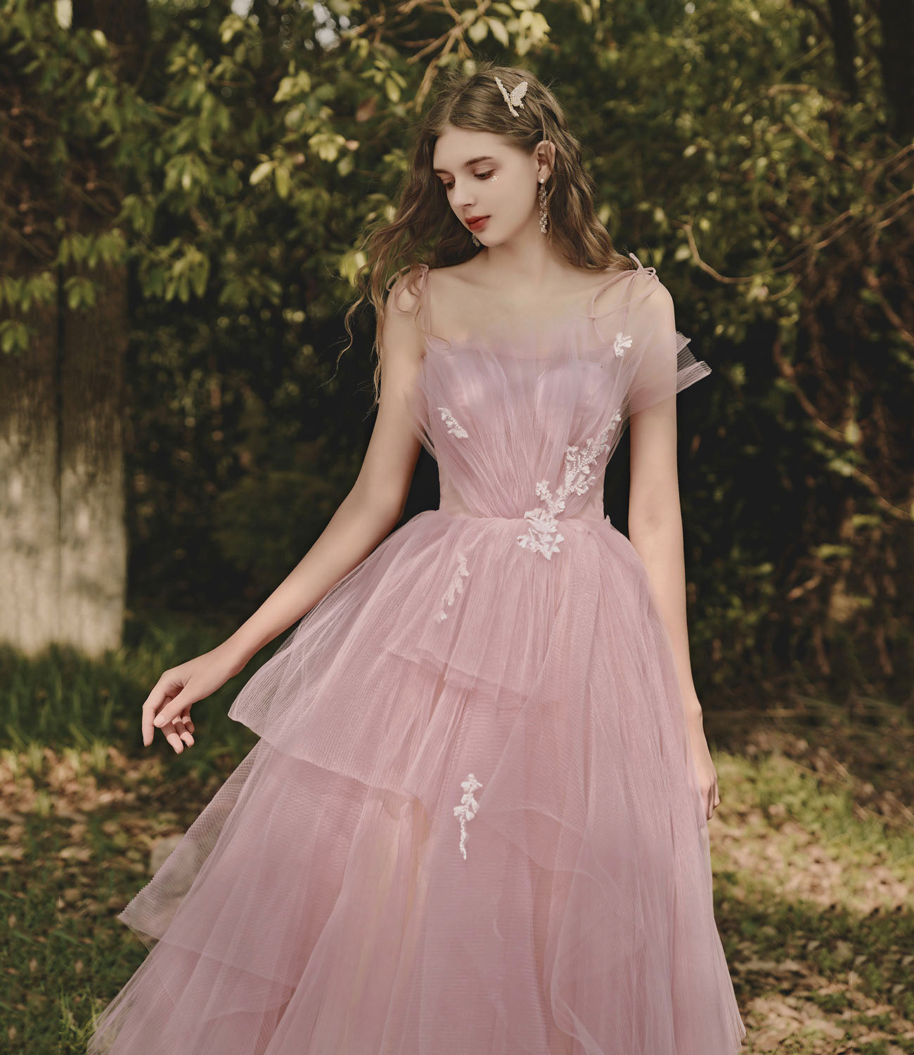 Pink tulle lace long prom dress pink evening gown  10188