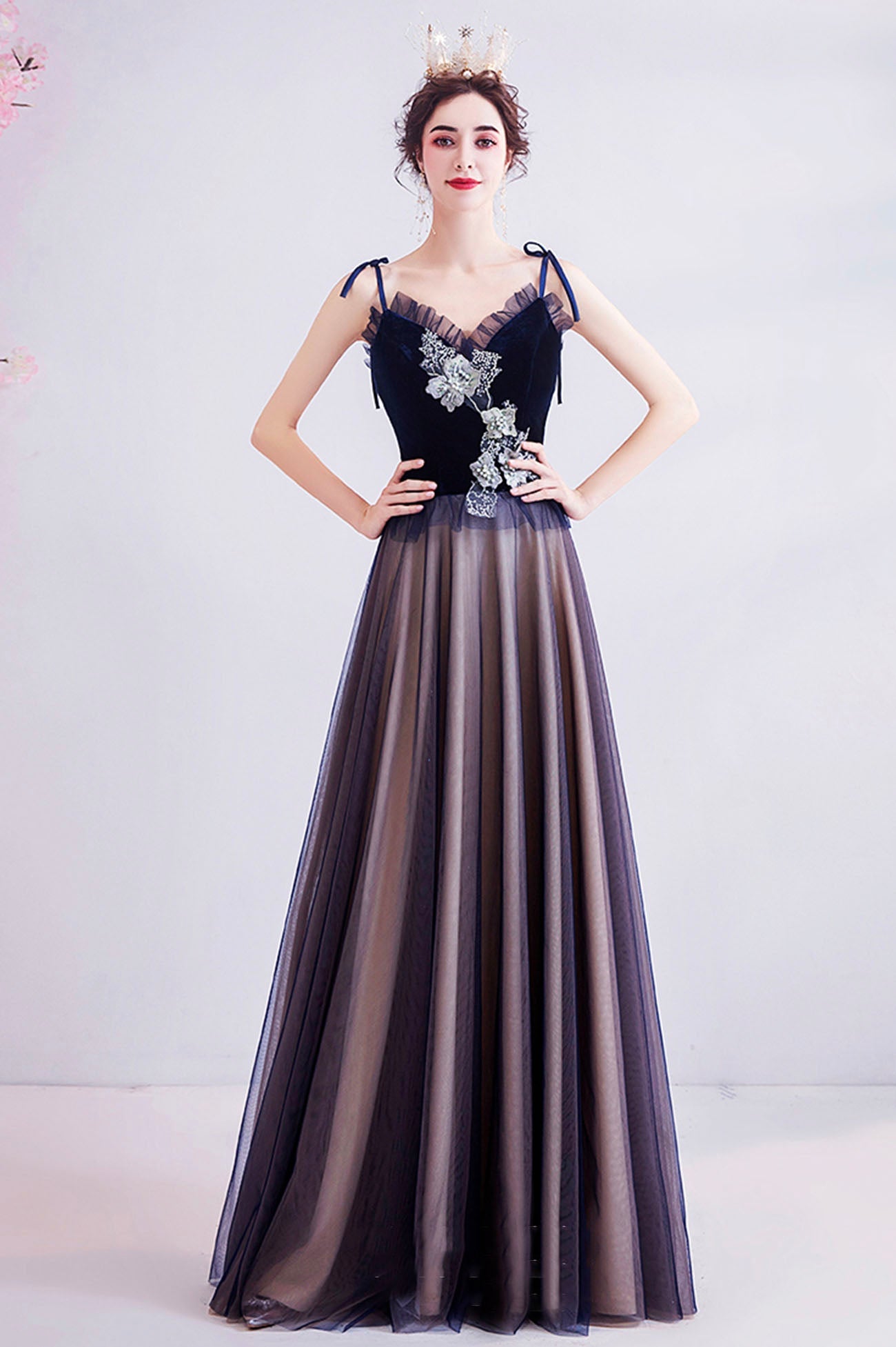 Blue tulle lace long prom dress blue evening dress  10617