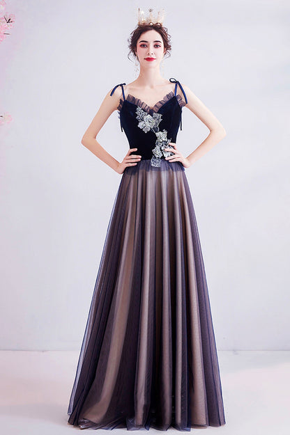 Blue tulle lace long prom dress blue evening dress  10617