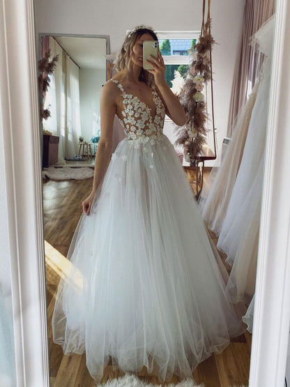 White v neck tulle lace long prom dress, white tulle formal dress