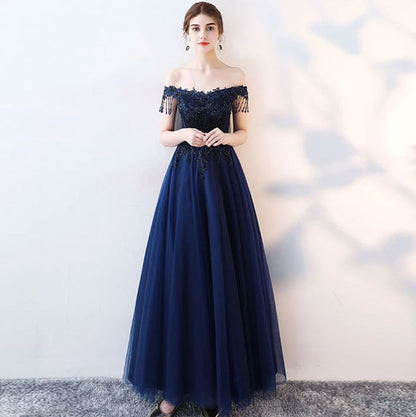 Blue tulle beads long prom dress, blue evening dress  8152