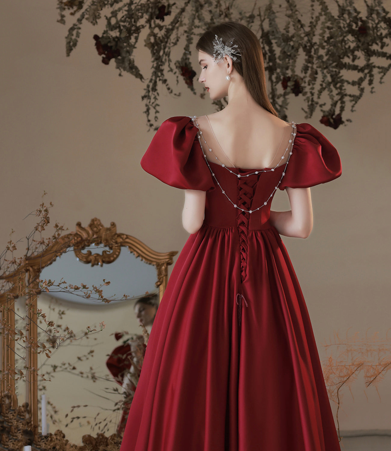 Burgundy satin long prom dress A line evening dress  10373