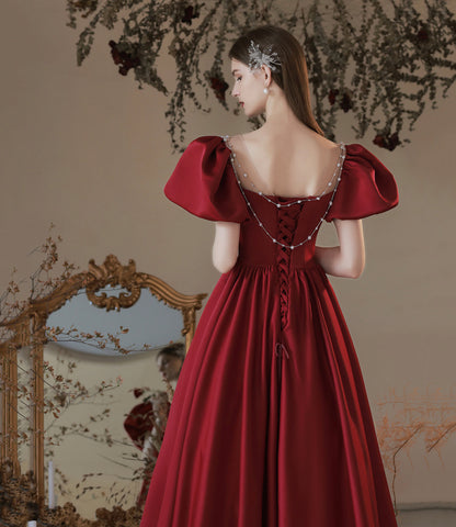Burgundy satin long prom dress A line evening dress  10373